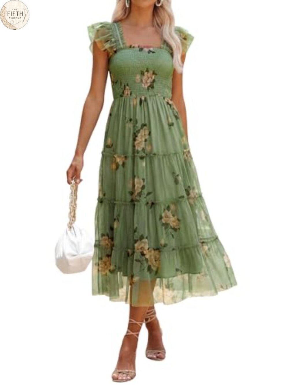 ANRABESS Women Smocked Tulle Midi Dress Sleeveless Square Neck A-Line